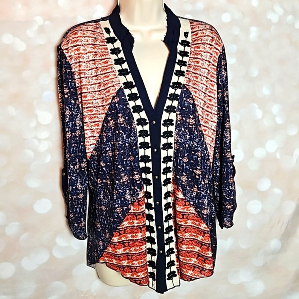 BKE | Patchwork and Embroidered Button Up Knit Top